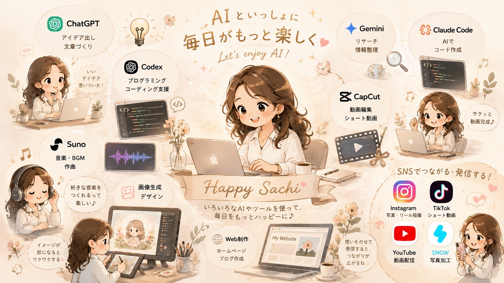 AIやデジタルツールを楽しむイラスト