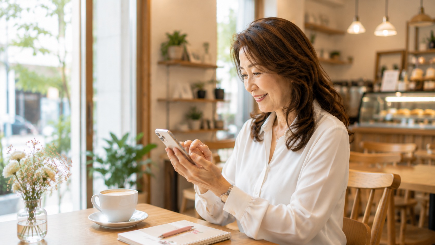 カフェでスマホを使う様子